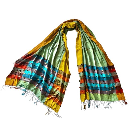 Unknown Accessories - Multicolor Handwoven Cotton Scarf With Embellished Loops & Tassels